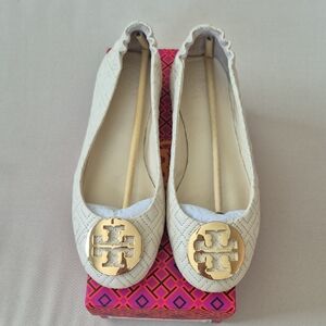 Tory Burch Ivory Quilted Flats with Gold Emblem